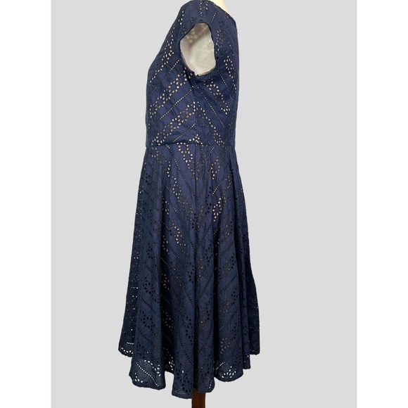 eShakti Navy Blue Eyelet Dress Short Sleeve Fit& Flare Cocktail READ DESCRIPTION - Picture 3 of 14